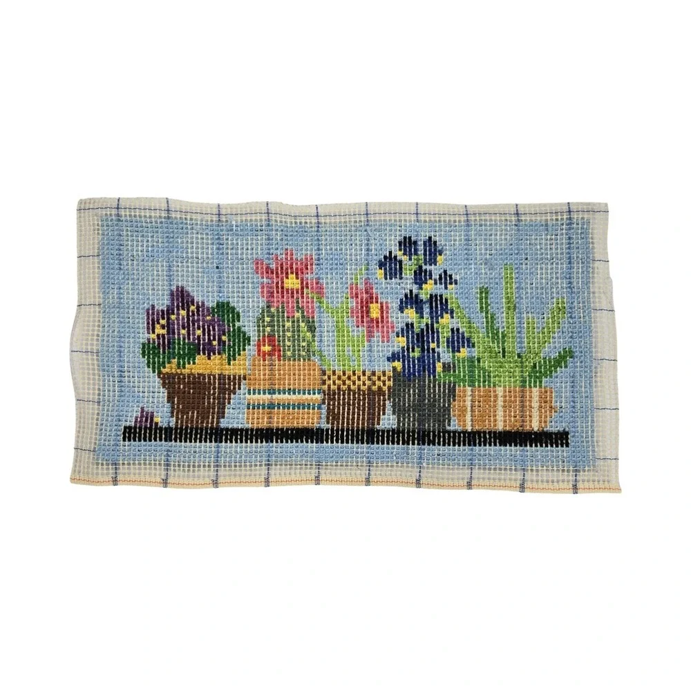 VTG 90s Latch Hook Rug Wall Hanging Potted Cacti Succulents Flower Blue Cottage